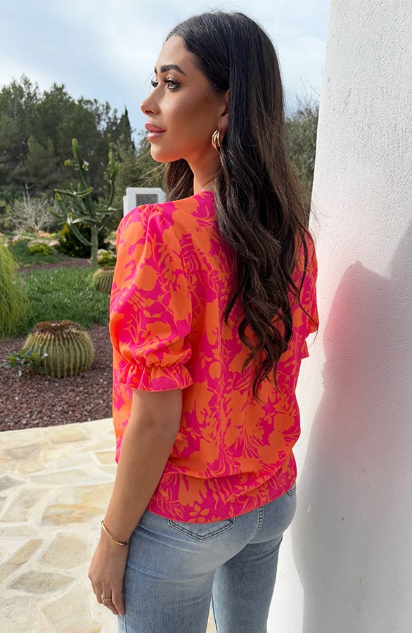 Ruffle Top Met Pofmouwen Print Fuschia Oranje – tops, foto 3