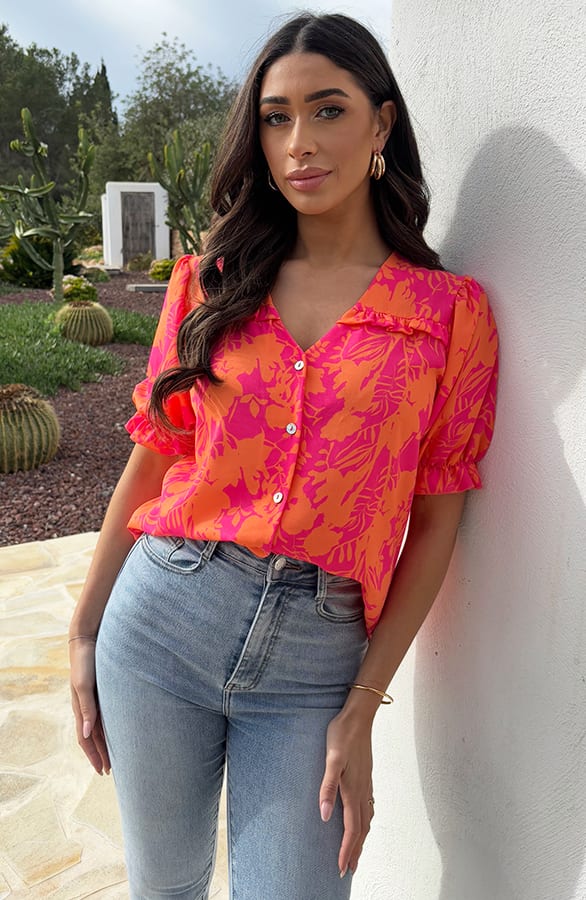 Ruffle Top Met Pofmouwen Print Fuschia Oranje – tops, foto 4