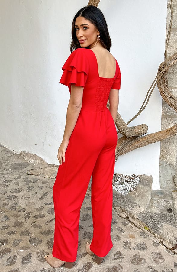 Scuba Jumpsuit Ruffle Mouw Rood – jumpsuits en playsuits, foto 1