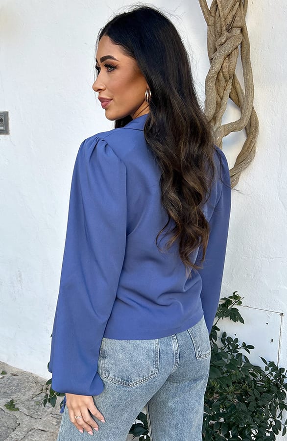 Wrap Blazer Puff Long Sleeve Jeans Blue – shoparchief, foto 2
