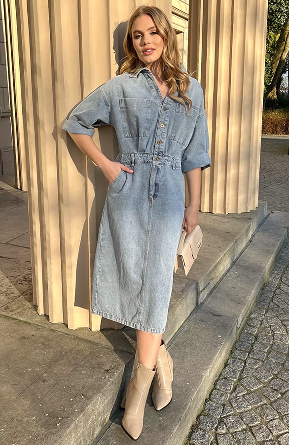 Denim Midi Split Dress Blue – shoparchief, foto 5