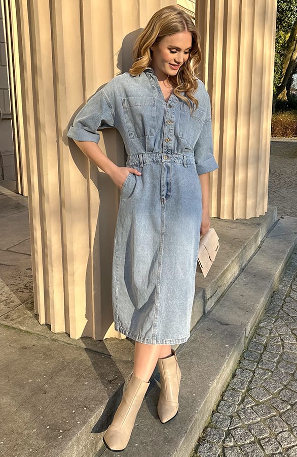 Denim Midi Split Dress Blue – shoparchief, foto 6