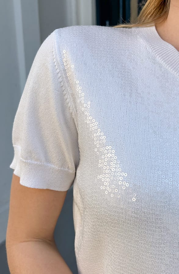 Pailletten Short Sleeve Top Ecru – shoparchief, foto 11