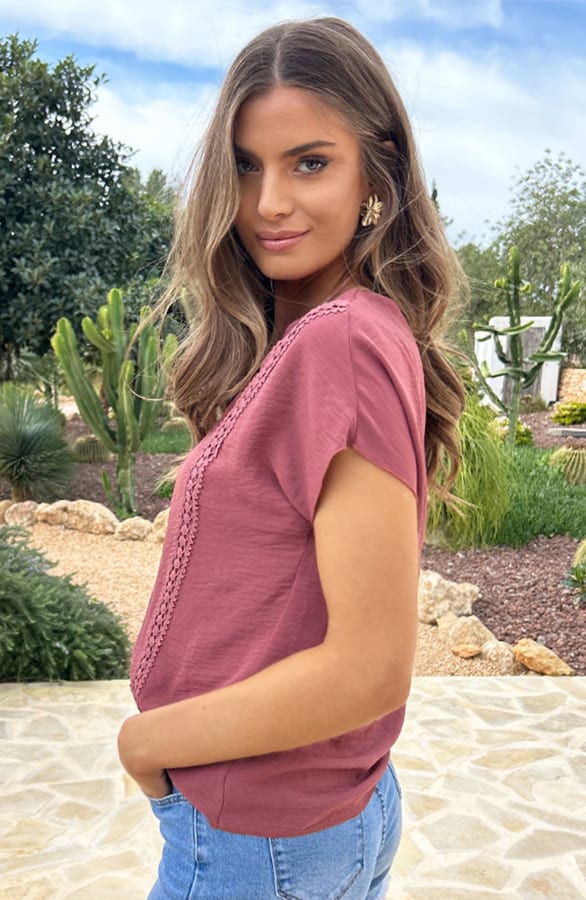 Romantic V-Hals Top Dust Roze – tops, foto 6