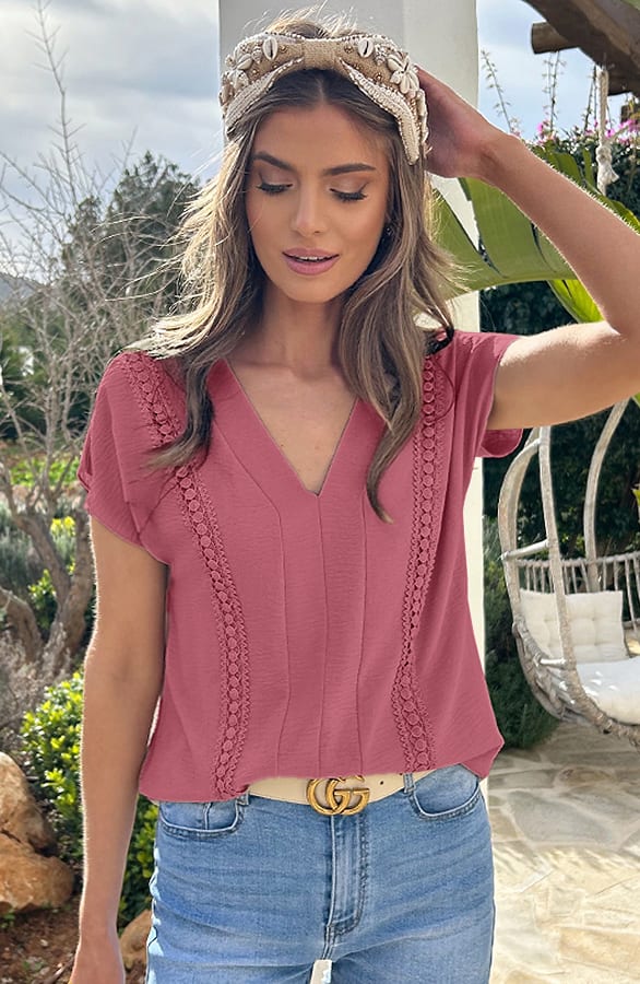 Romantic V-Hals Top Dust Roze – tops, foto 4