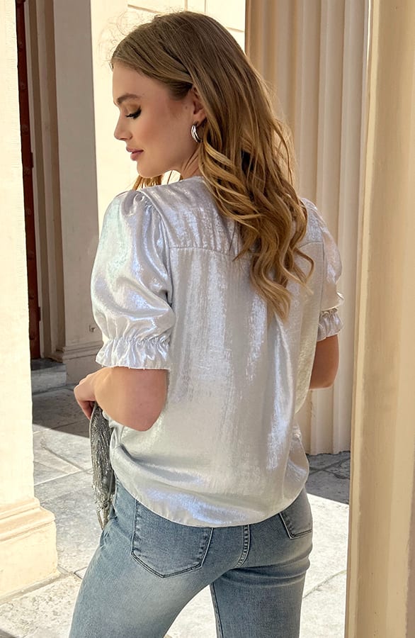 Ruffle Top Met Pofmouwen Metallic Ecru – shoparchief, foto 3