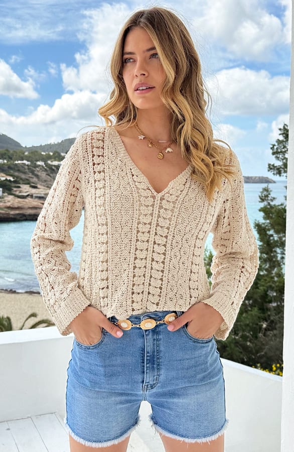 Boho Knitted Long Sleeve Top Beige – tops, foto 6