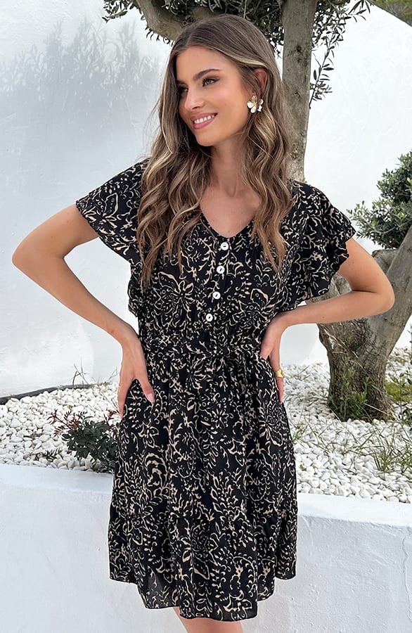Portofino Kleid V-Ausschnitt Print Schwarz, Shoparchiv, Foto 1