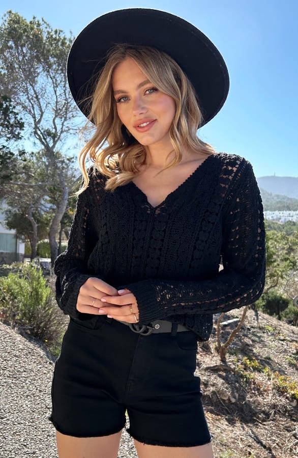 Crochet Top Lange Mouw Katoen Zwart – shoparchief, foto 5