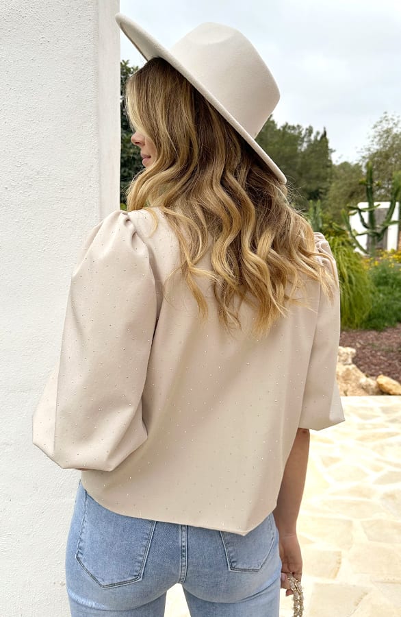 Cropped Pofmouwen Strass Blazer Beige – blazers, foto 3