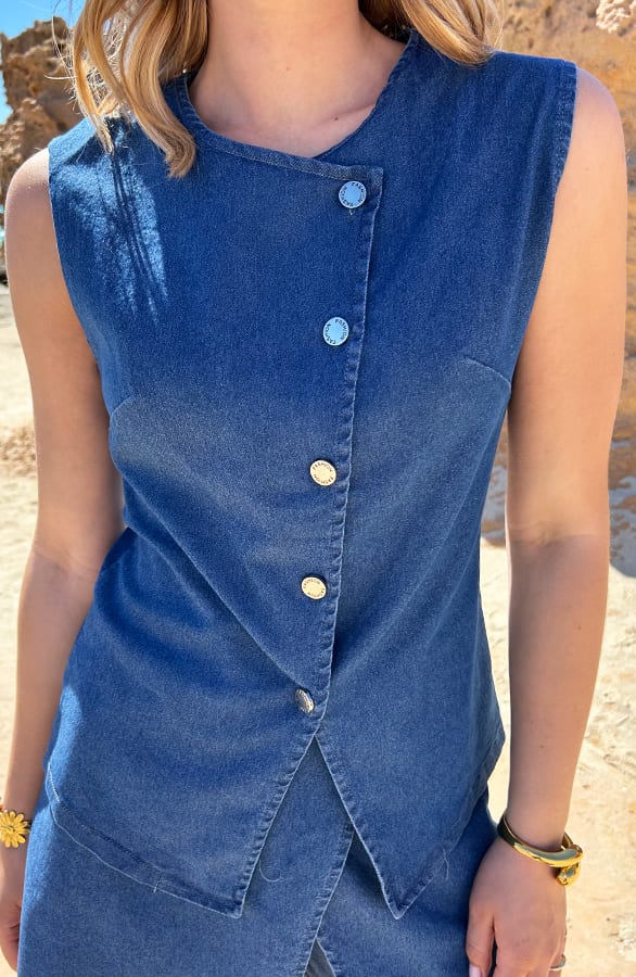 Fitted Denim Stretch Gilet Met Knopen – shoparchief, foto 6