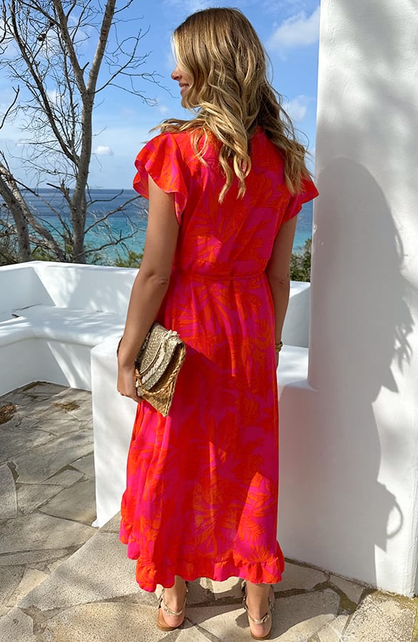 Flower Jurk Midi Fuchsia Oranje – jurken, foto 4