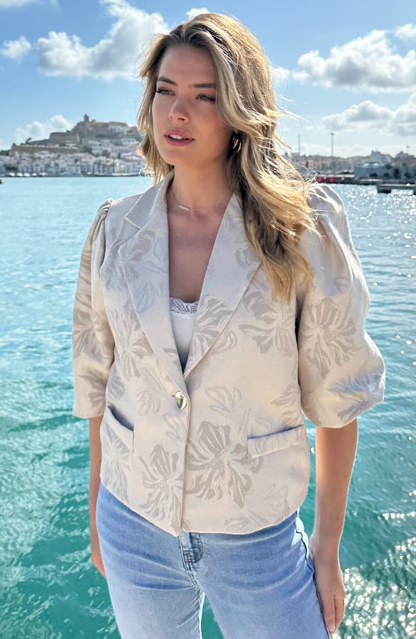 Jacquard Pofmouwen Blazer Beige – shoparchief, foto 4