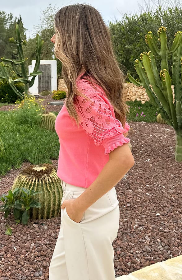 Lace Sleeve Soft Top Koraal – tops, foto 4