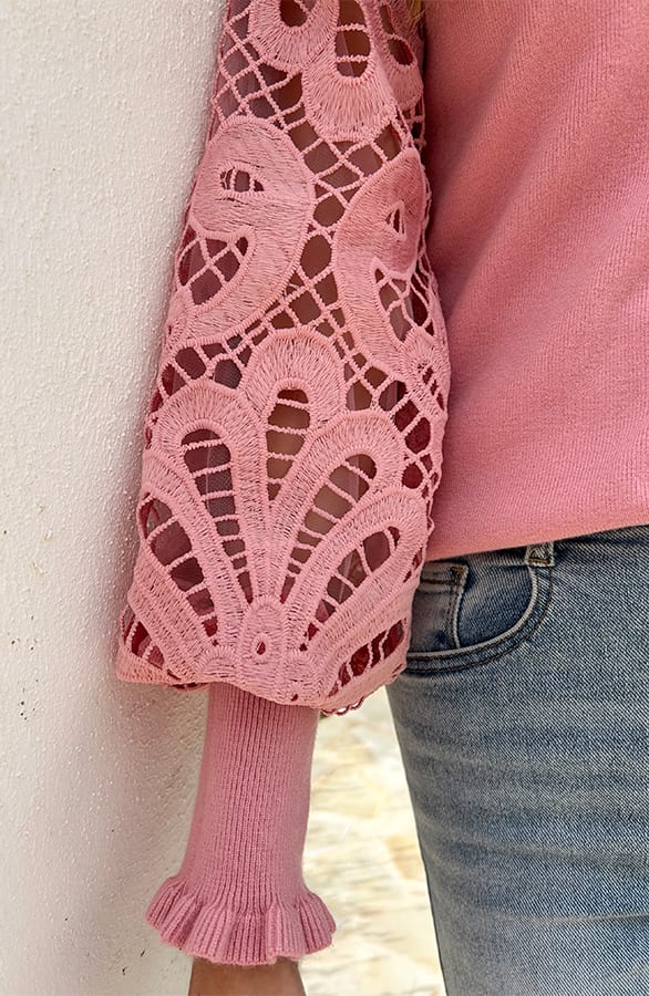 Lace Sleeve Soft Trui Pink – shoparchief, foto 5