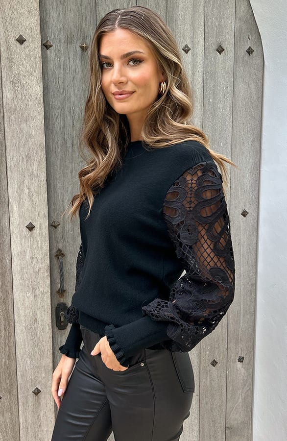 Lace Sleeve Soft Trui Zwart – truien, foto 12