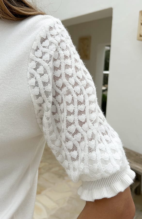 Mesh Hearts Sleeve Soft Top Weiß, Tops, Foto 4