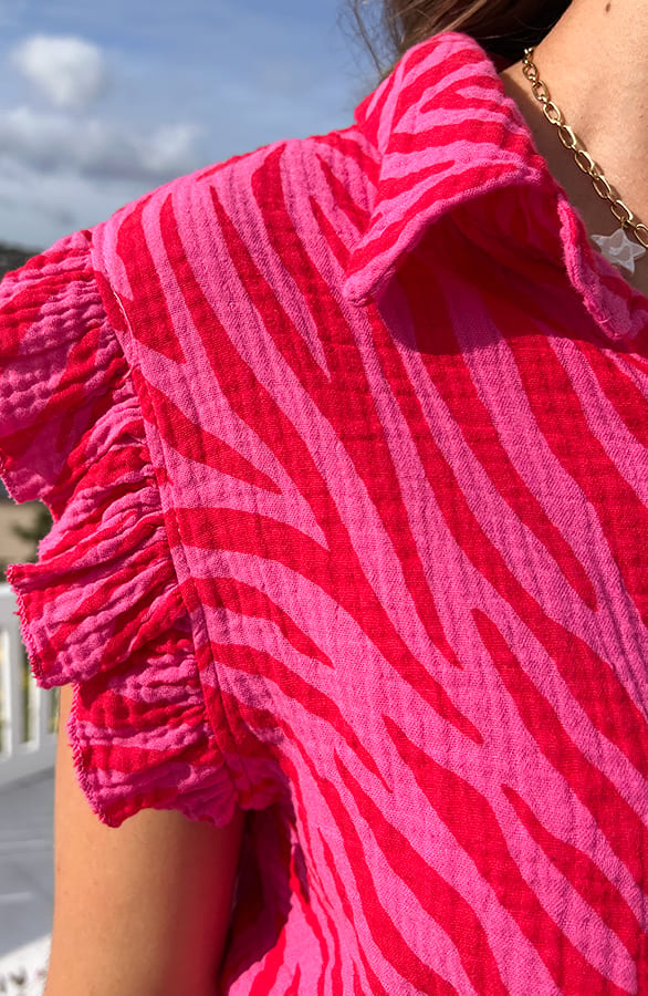 Mousseline Zebra Print Ruffle Top Rosa, Tops, Foto 7