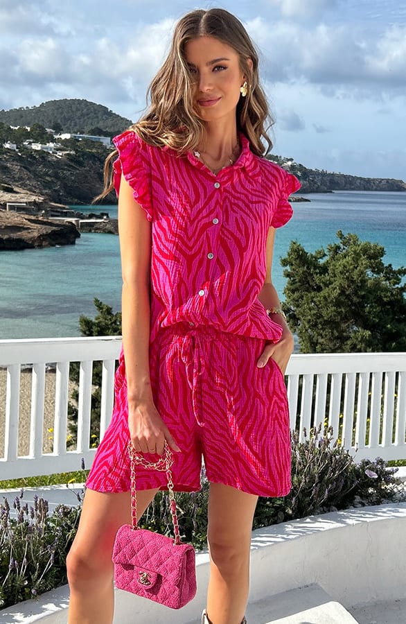 Mousseline Zebra Print Ruffle Top Rosa, Tops, Foto 4