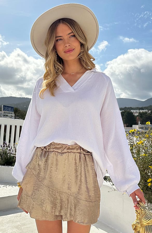 Oversized V-hals Blouse Mousseline Offwhite – shoparchief, foto 1