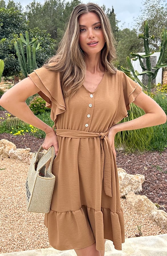 Portofino Jurk V-Hals Camel – jurken, foto 4