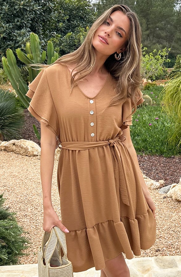 Portofino Jurk V-Hals Camel – jurken, foto 5