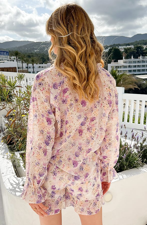 Romantic Embroidery Flower Print Skort Lila – skorts, foto 4