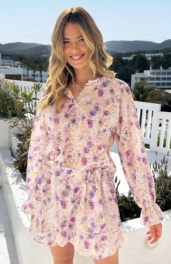 Romantic Embroidery Flower Print Skort Lila – skorts, foto 8