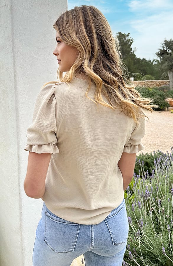 Ruches Blouse Korte Mouw Beige – shoparchief, foto 4