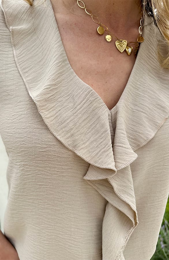 Ruches Blouse Korte Mouw Beige – shoparchief, foto 5