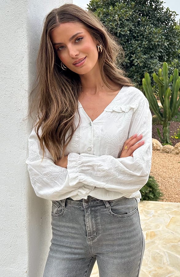 Ruffle Blouse Met Pofmouwen Flower Ecru – shoparchief, foto 5