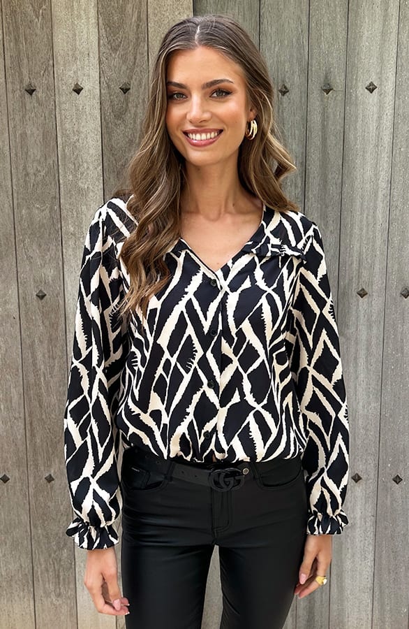 Ruffle Blouse Met Pofmouwen Print Zwart – shoparchief, foto 8