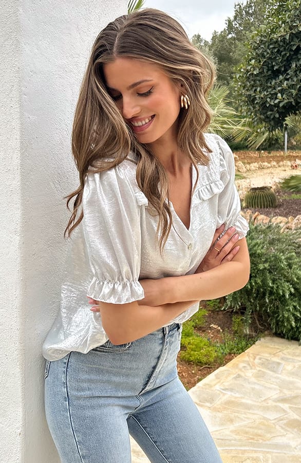 Ruffle Top Met Pofmouwen Metallic Ecru – shoparchief, foto 9