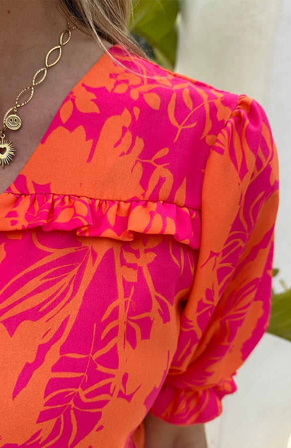 Ruffle Top Met Pofmouwen Print Fuschia Oranje – tops, foto 10