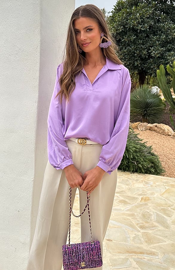Silk V-hals Blouse Rome Lila – blouses, foto 5