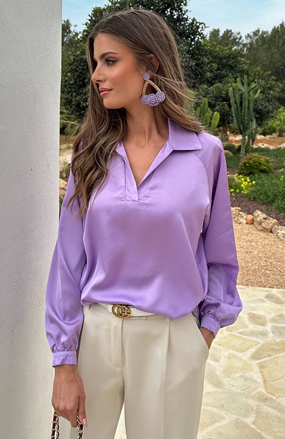 Silk V-hals Blouse Rome Lila – blouses, foto 4