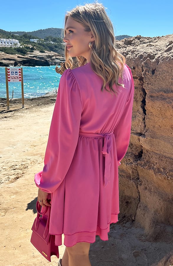 V-hals Jurk Strik Detail Fuchsia – jurken, foto 3