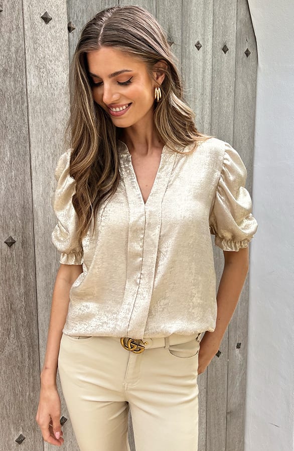 V-hals Top Met Pofmouw Metallic Gold