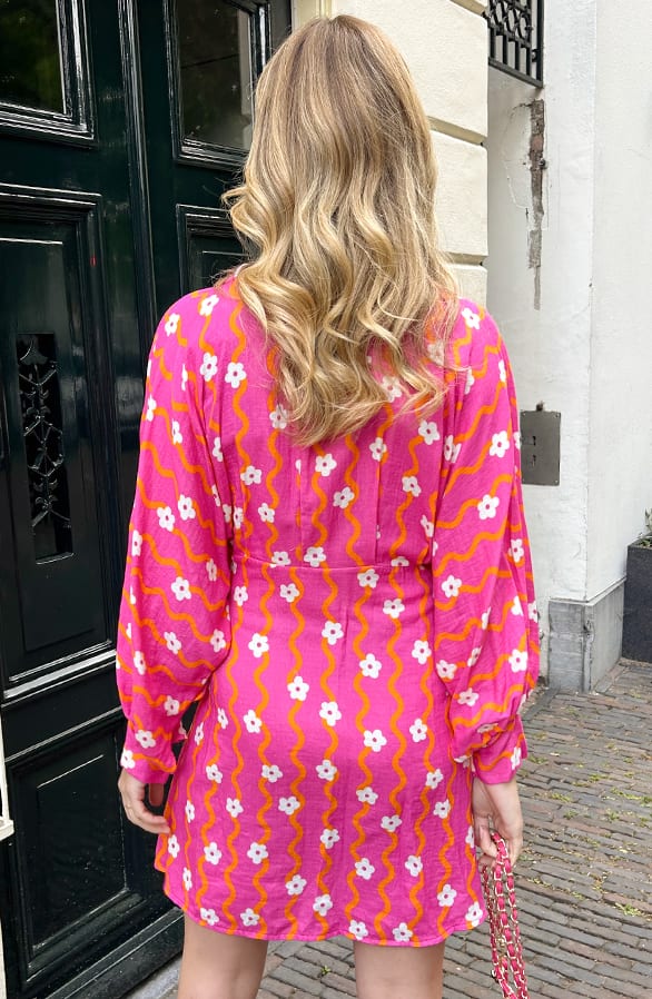 Cotton Wrap Jurk Flower Print Fuchsia – jurken, foto 4