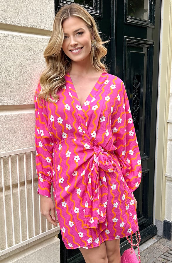 Cotton Wrap Jurk Flower Print Fuchsia – jurken, foto 5