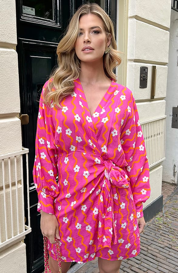 Cotton Wrap Jurk Flower Print Fuchsia – jurken, foto 6