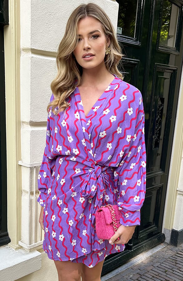 Cotton Wrap Jurk Flower Print Paars – jurken, foto 5