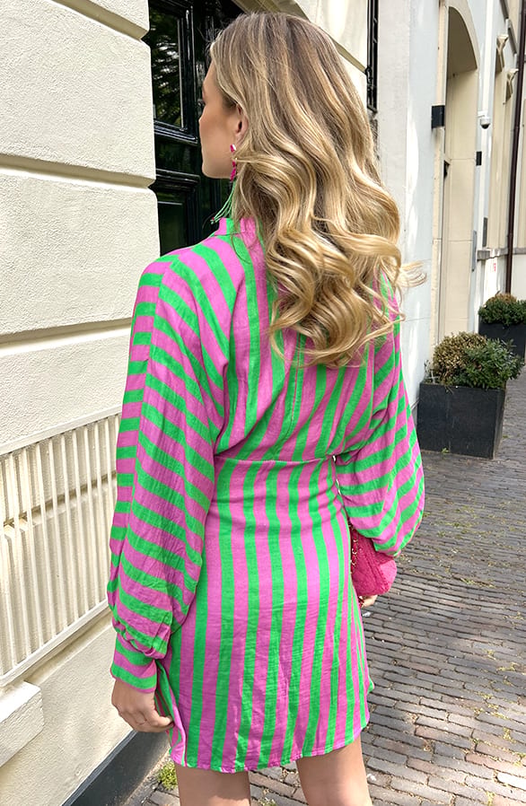 Cotton Wrap Jurk Stripe Bright Green – jurken, foto 4