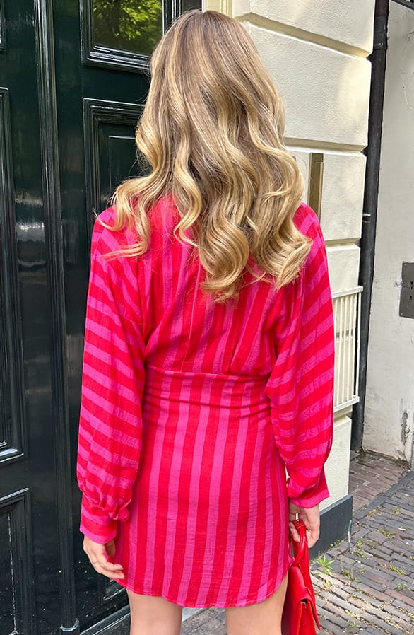 Cotton Wrap Jurk Stripe Fuchsia – jurken, foto 4