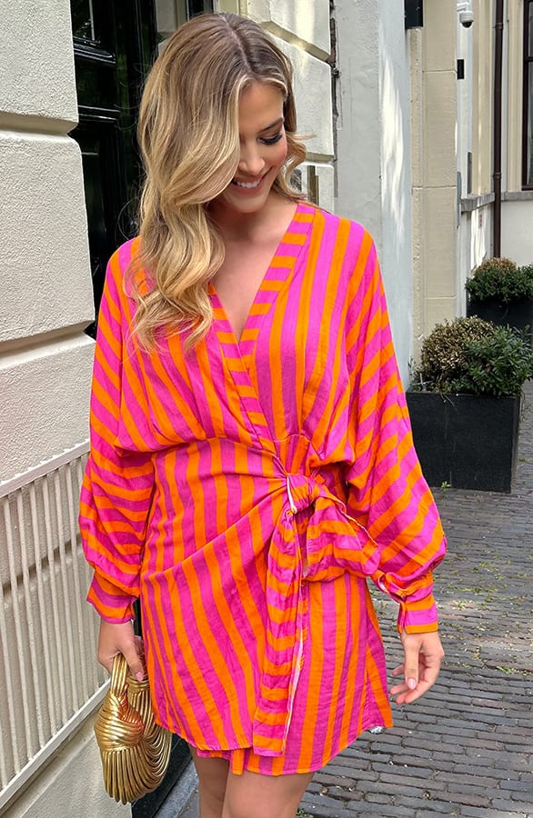 Cotton Wrap Jurk Stripe Oranje – jurken, foto 6