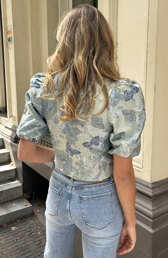 Jacquard Roses Pofmouw Top Baby Blue – shoparchief, foto 4