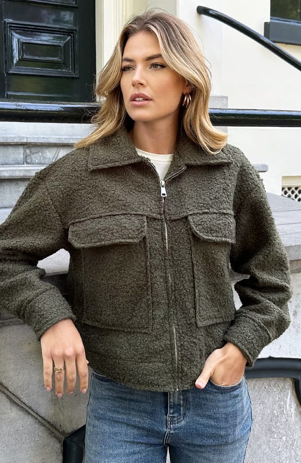 Boucle Jacket Met Rits Army – jassen, foto 7