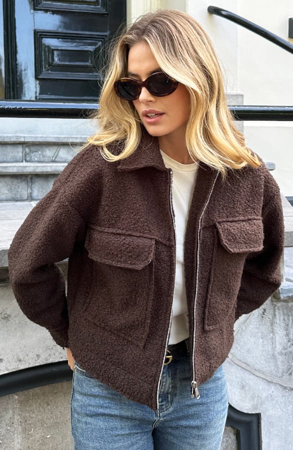 Boucle Jacket Met Rits Choco