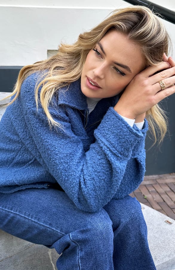Boucle Jacket Met Rits Jeans Blauw – shoparchief, foto 6