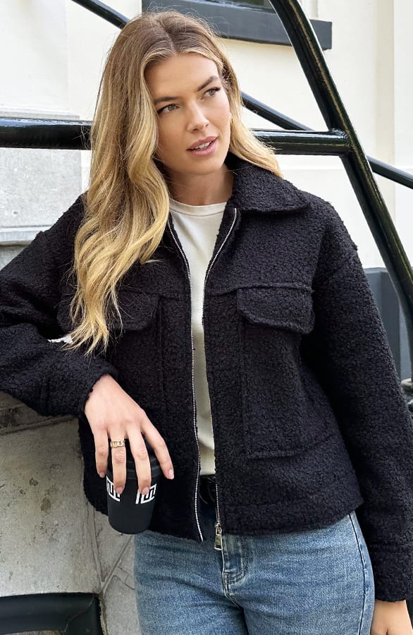 Boucle Jacket Met Rits Zwart – jassen, foto 3